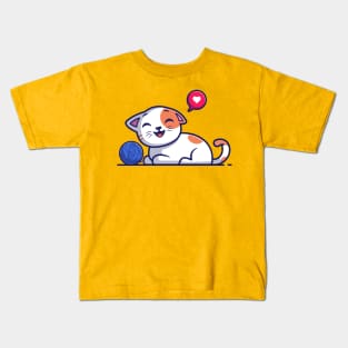 Cute cat playing with yarn ball cartoon Kids T-Shirt